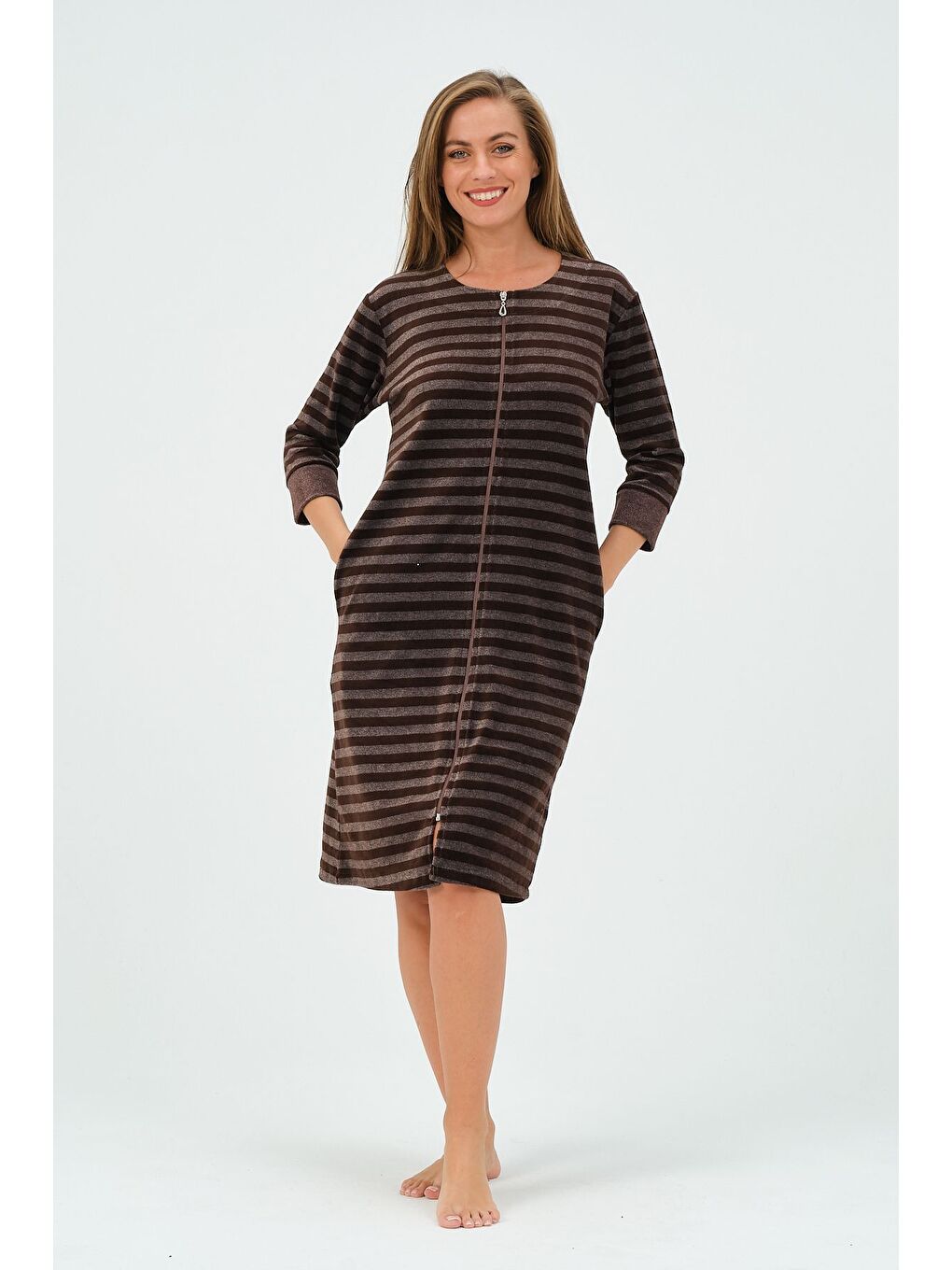 Kahverengi Kadın Lacivert Çizgili Fermuarlı Cepli Kadife Elbise-2