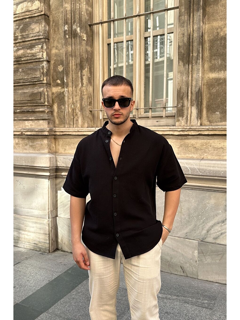 Siyah Mingan Erkek Yazlık Pamuk Gömlek Hakim Yaka kısa kol Düğmeli Rahat Kalıp-3