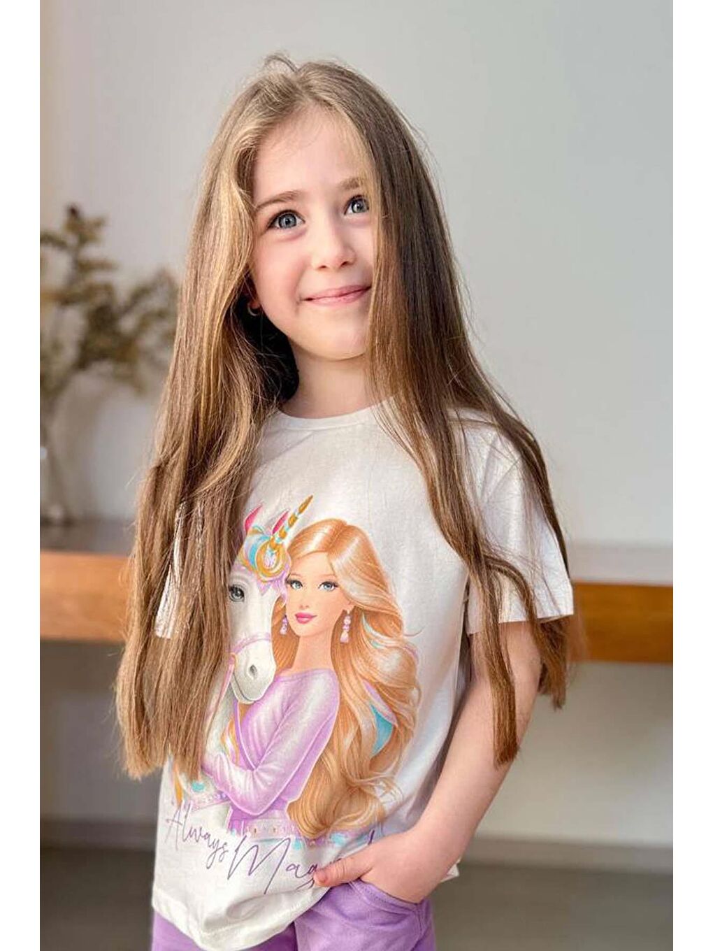 Kız Çocuk Üzeri Digital Bebek ve At Baskılı Yazı Detaylı T-shirt Lila Şortlu Takım-1