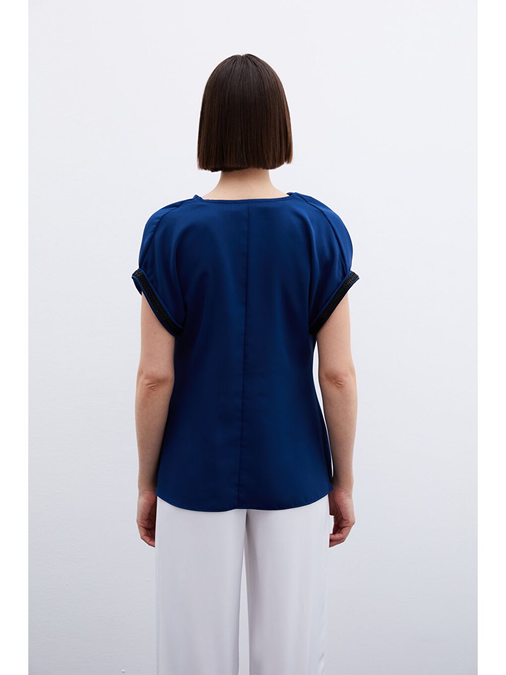 Kollar Taş Detaylı Salaş Bluz - Lacivert-5