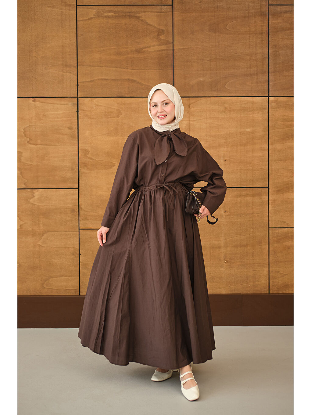 Kadın Fular Yaka Gömlekli Takım Kahverengi-3