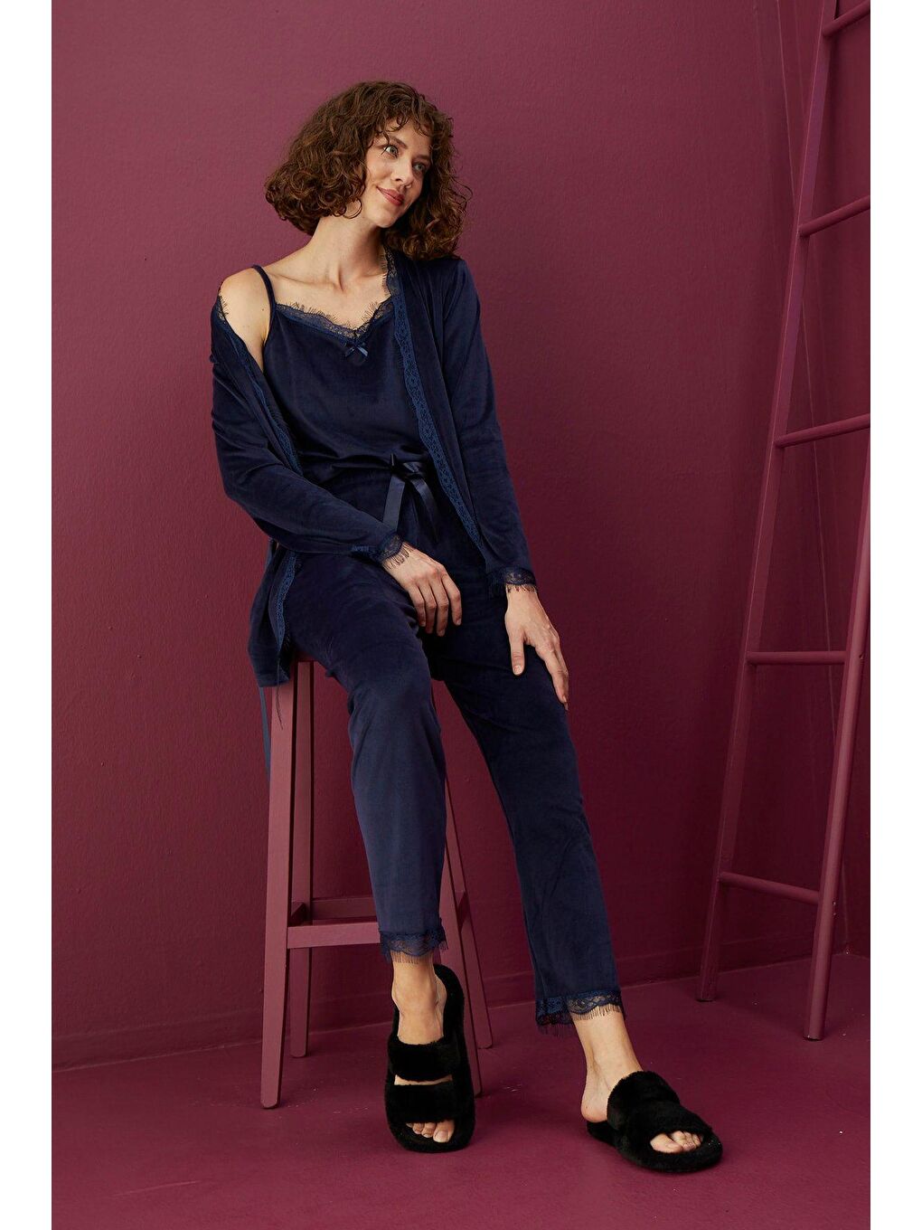 Lacivert Kadife 3'Lü Sabahlık Pijama Takım 4051-3-1