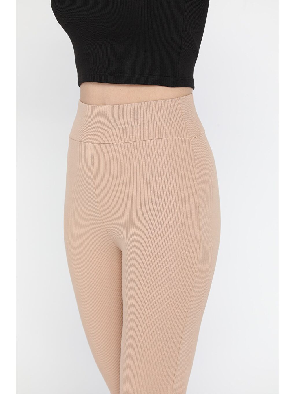 Bej Kadın İspanyol Paça Yırtmaç Detaylı Yüksek Bel Fitilli Tayt-3