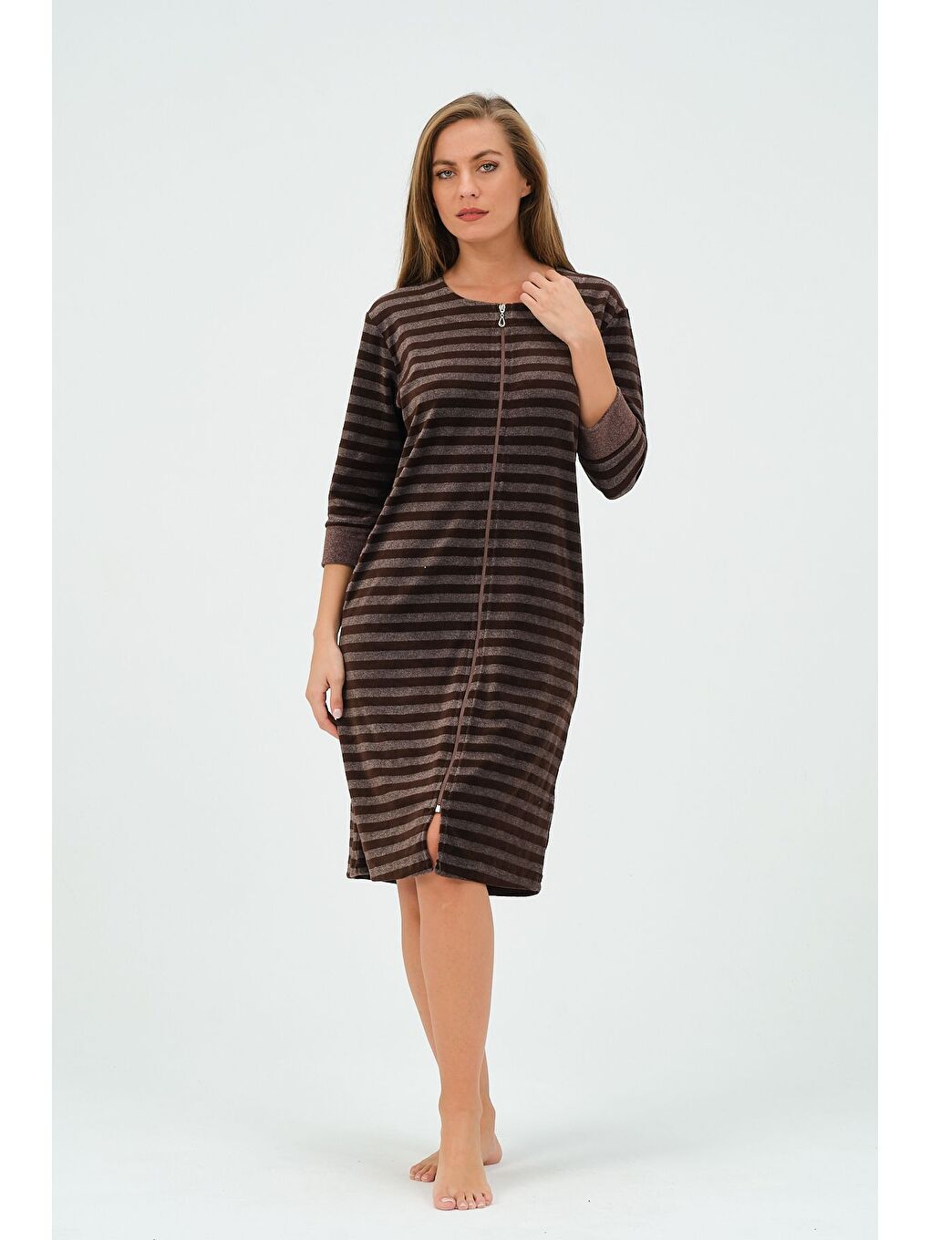 Kahverengi Kadın Lacivert Çizgili Fermuarlı Cepli Kadife Elbise-3