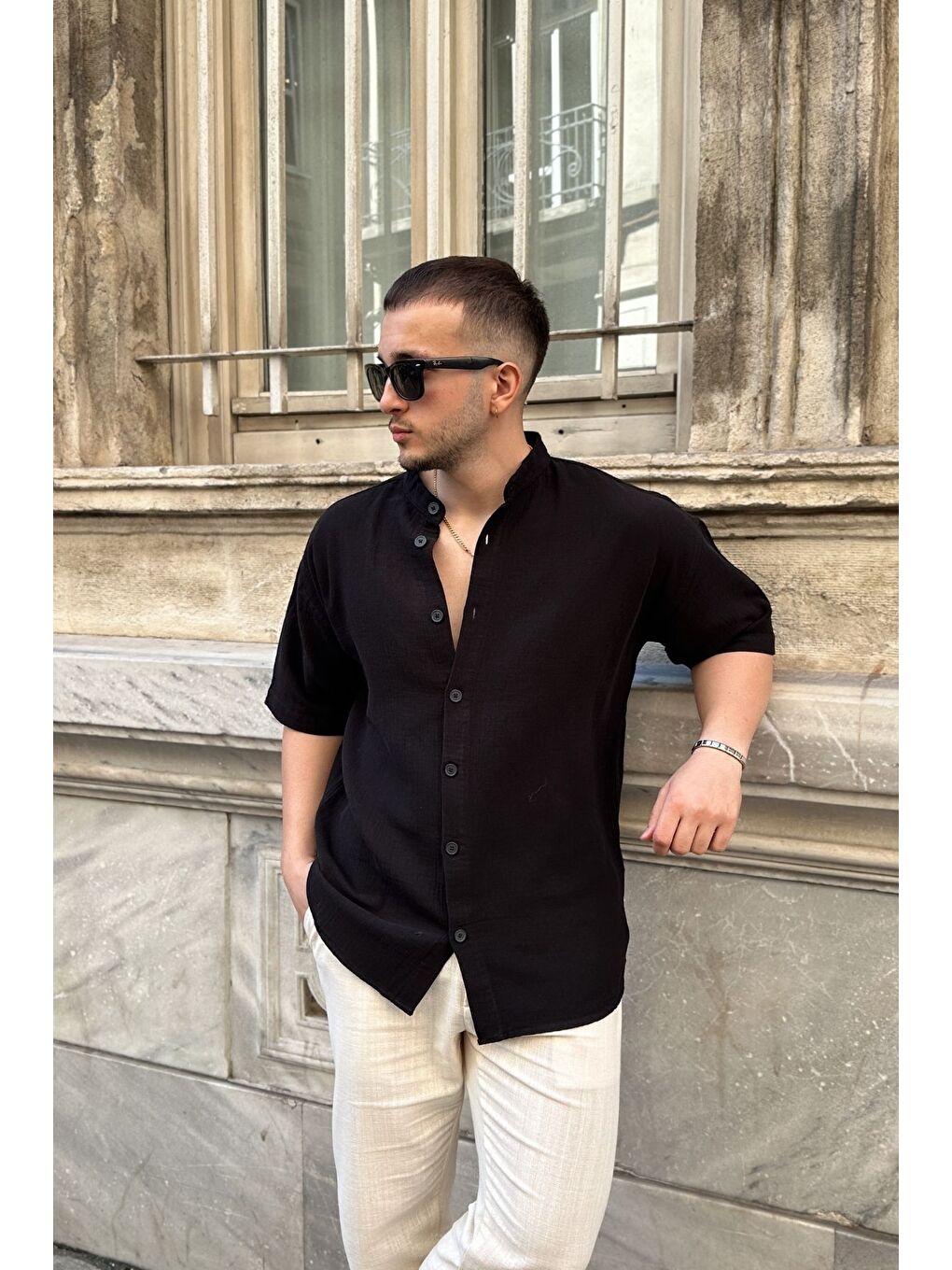 Siyah Mingan Erkek Yazlık Pamuk Gömlek Hakim Yaka kısa kol Düğmeli Rahat Kalıp-4
