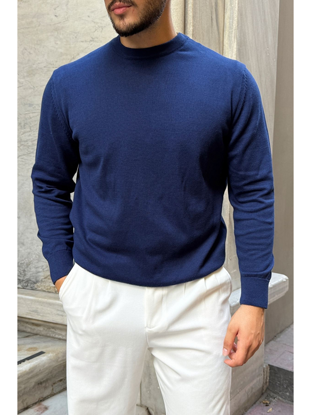 Lacivert Acton Erkek %100 Organik Pamuk Bisiklet Yaka Triko Kazak-5