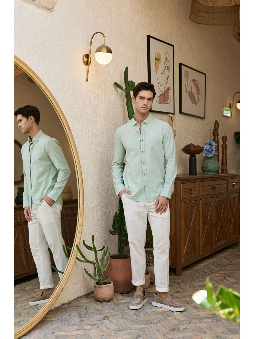 Yeşil Turi Erkek Pamuk Gömlek Modern Slim Fit Keten Görünümlü Uzun Kol-2