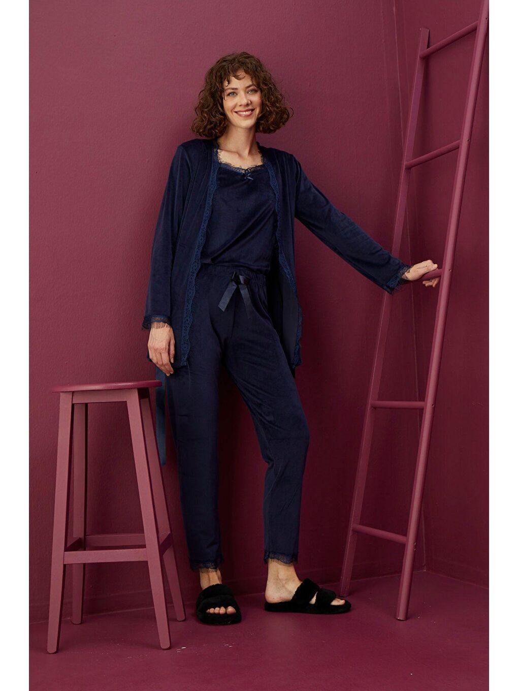 Lacivert Kadife 3'Lü Sabahlık Pijama Takım 4051-3-2
