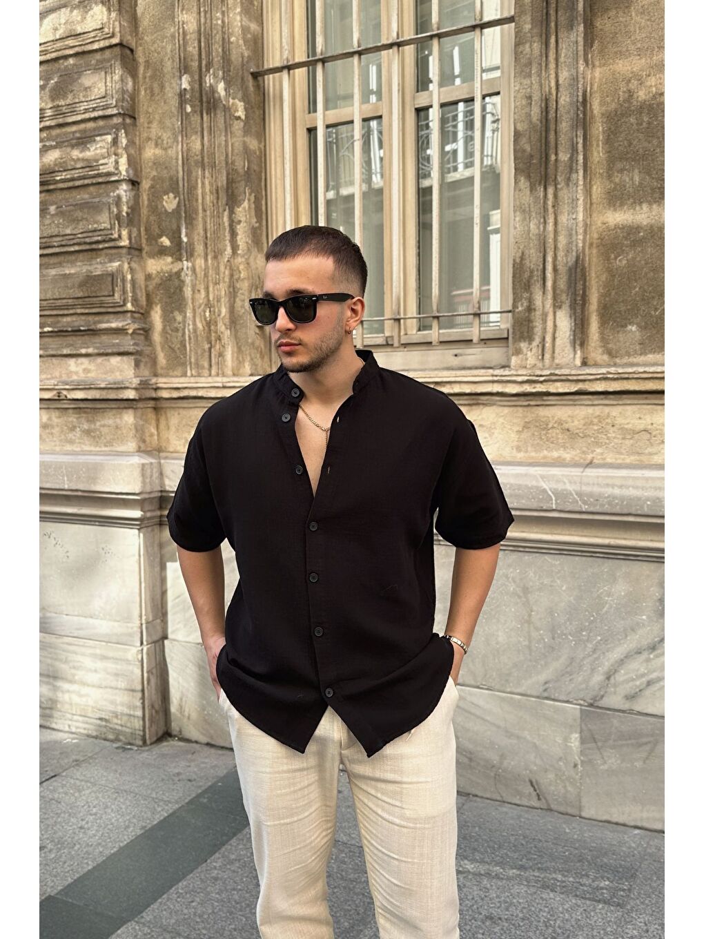 Siyah Mingan Erkek Yazlık Pamuk Gömlek Hakim Yaka kısa kol Düğmeli Rahat Kalıp-5
