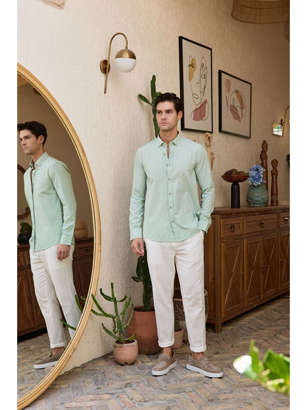 Yeşil Turi Erkek Pamuk Gömlek Modern Slim Fit Keten Görünümlü Uzun Kol-3