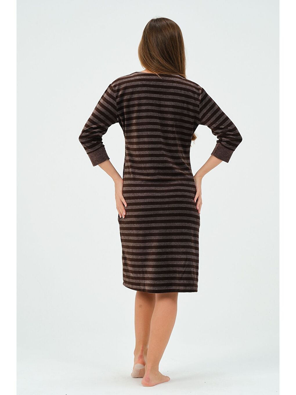 Kahverengi Kadın Lacivert Çizgili Fermuarlı Cepli Kadife Elbise-5