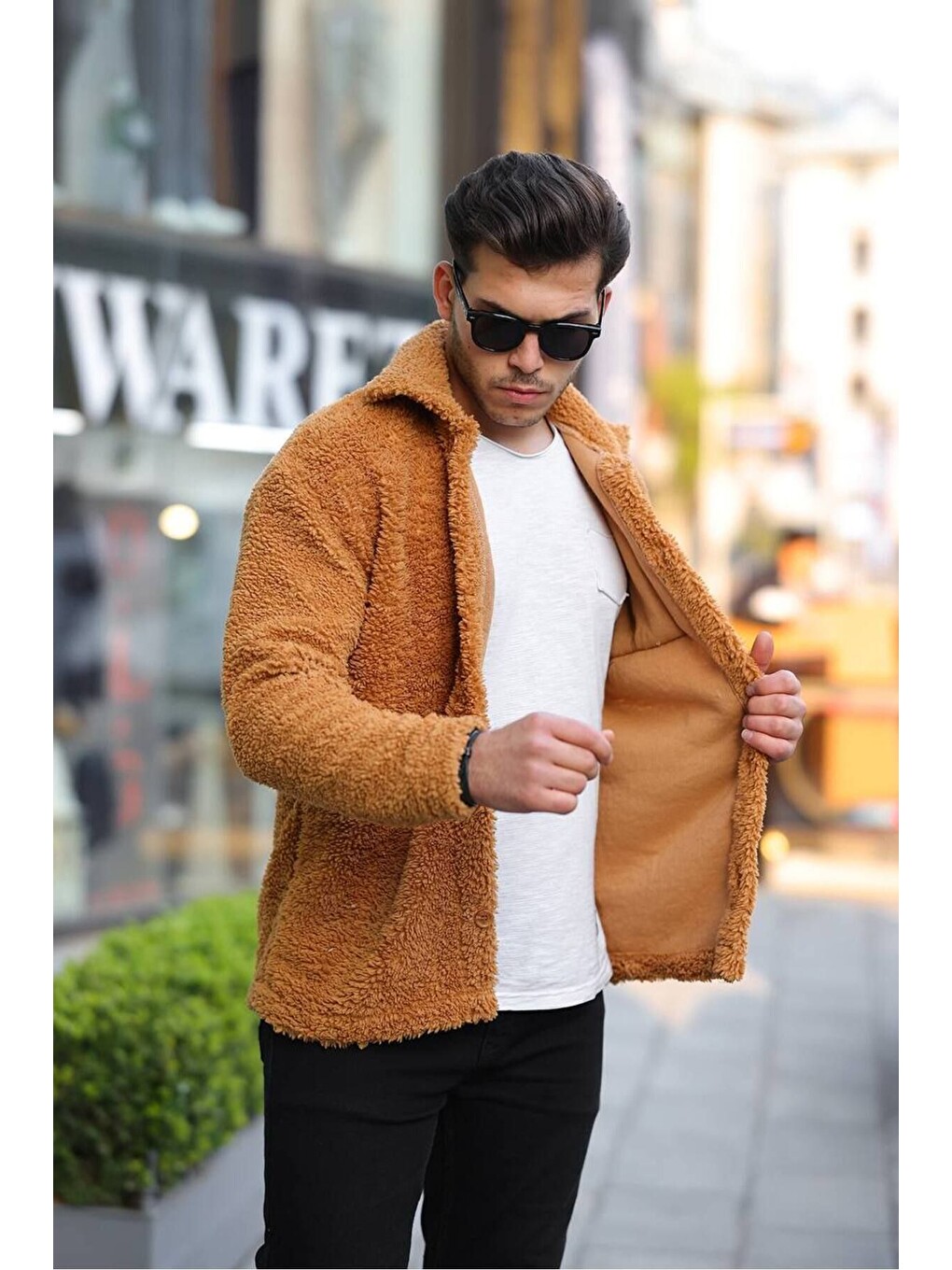 Sarı Erkek Trend Düğmeli Hardal Pelüş Ceket-1