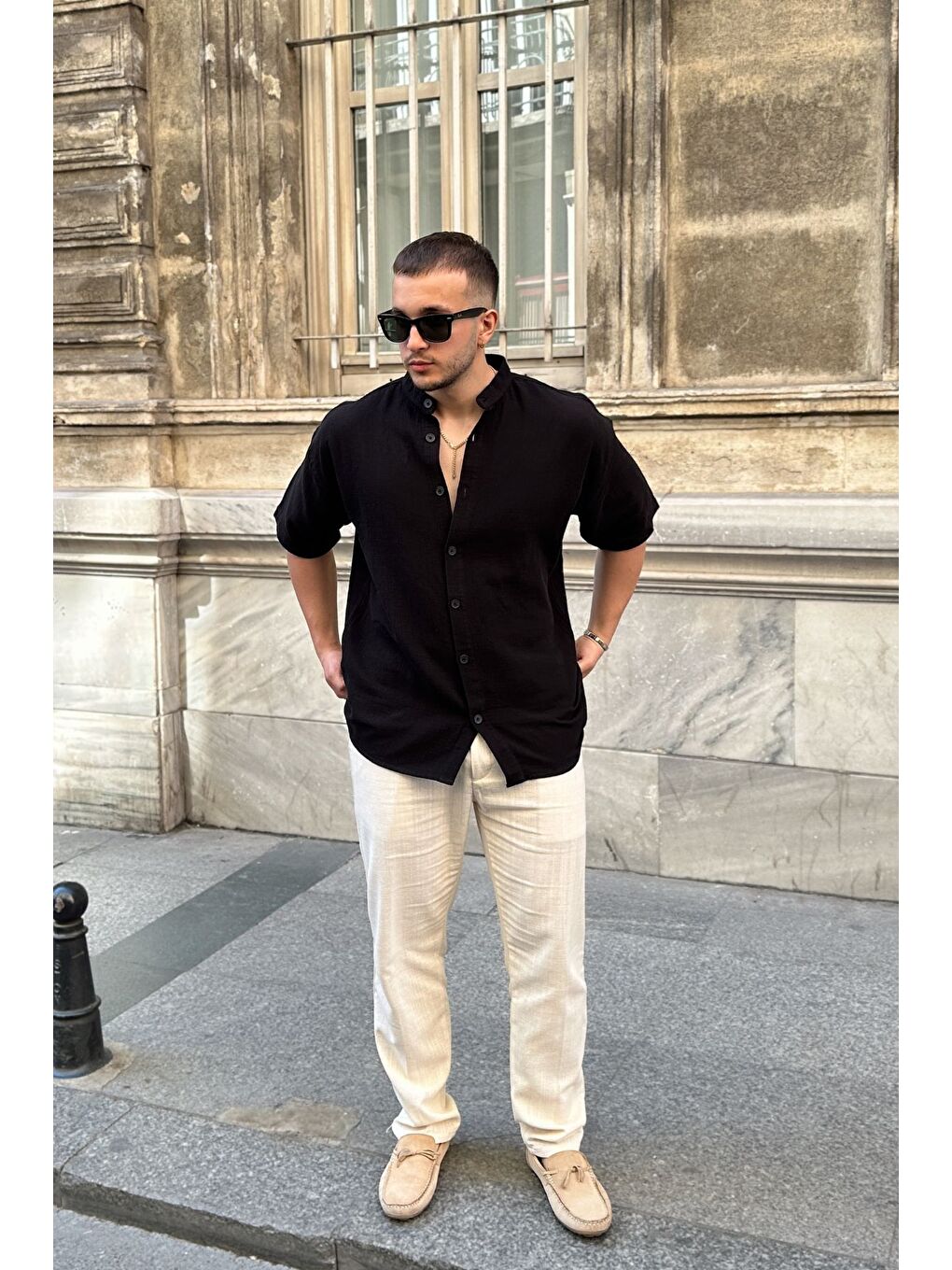 Siyah Mingan Erkek Yazlık Pamuk Gömlek Hakim Yaka kısa kol Düğmeli Rahat Kalıp-6