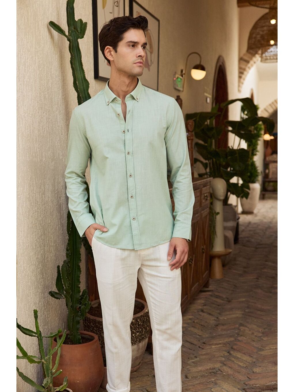 Yeşil Turi Erkek Pamuk Gömlek Modern Slim Fit Keten Görünümlü Uzun Kol-4