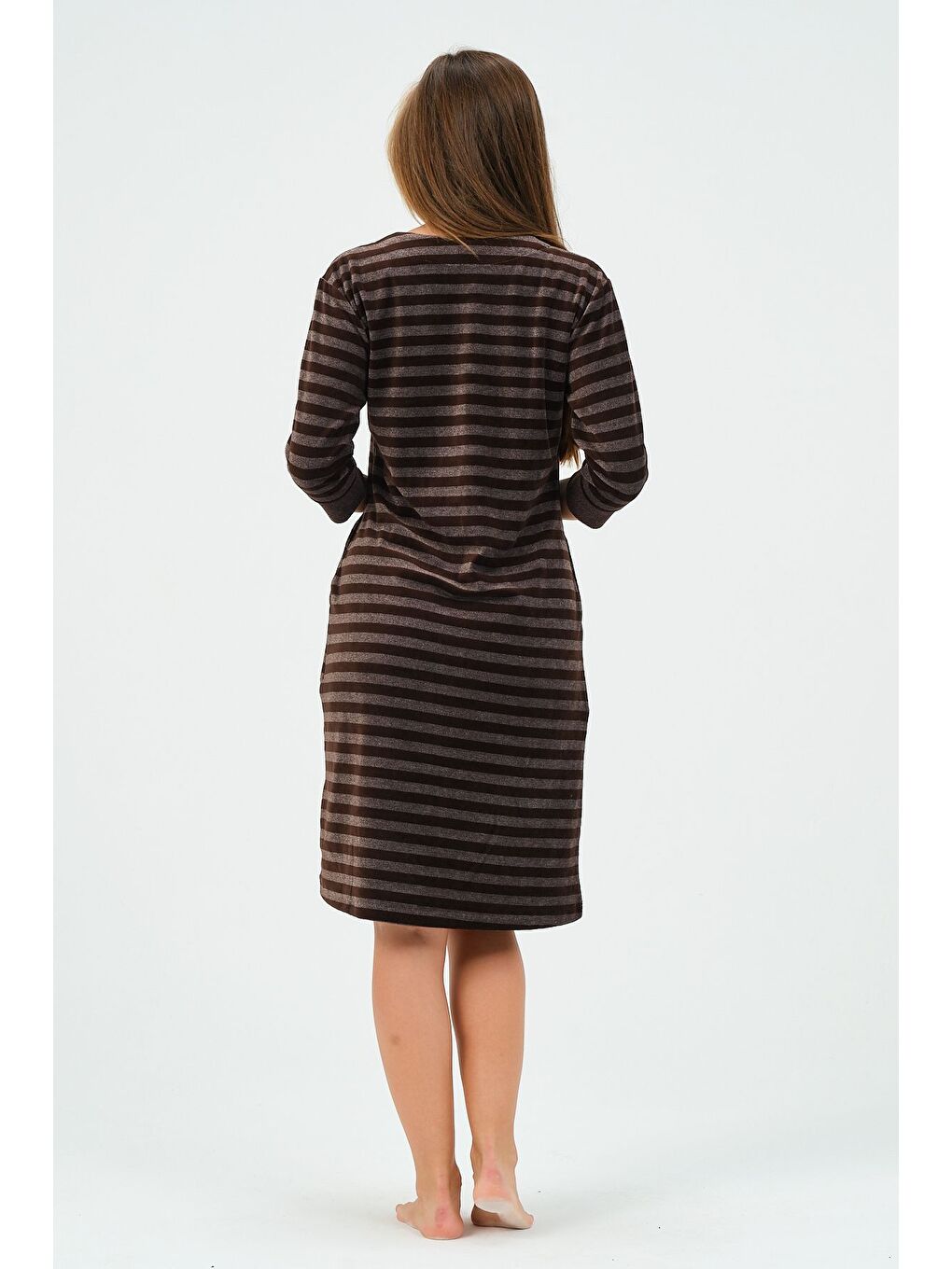 Kahverengi Kadın Lacivert Çizgili Fermuarlı Cepli Kadife Elbise-6