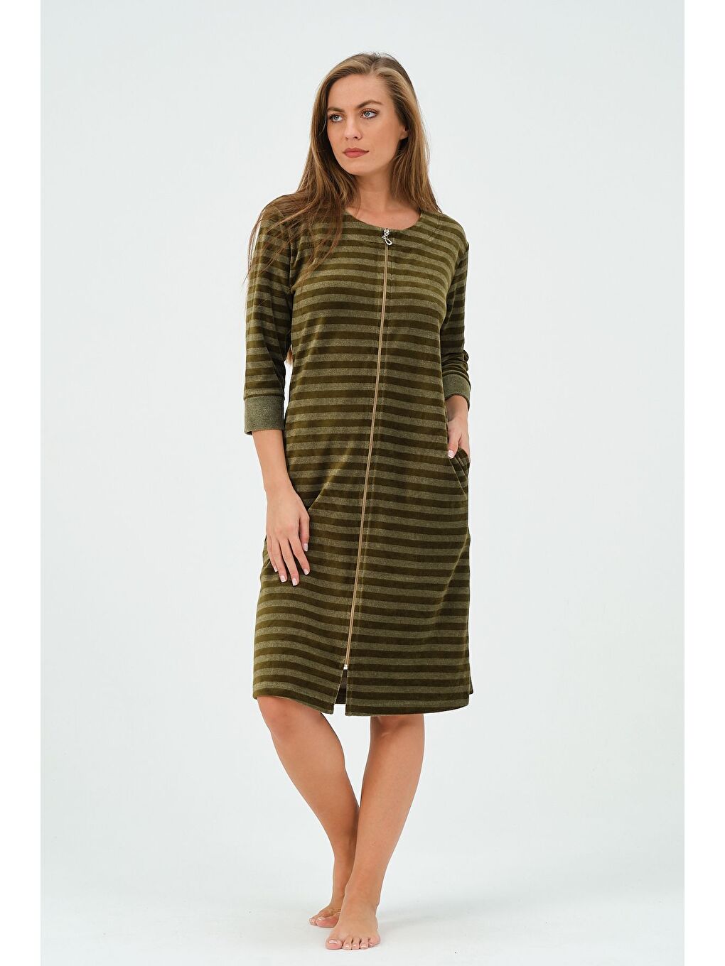 Yeşil Kadın Lacivert Çizgili Fermuarlı Cepli Kadife Elbise