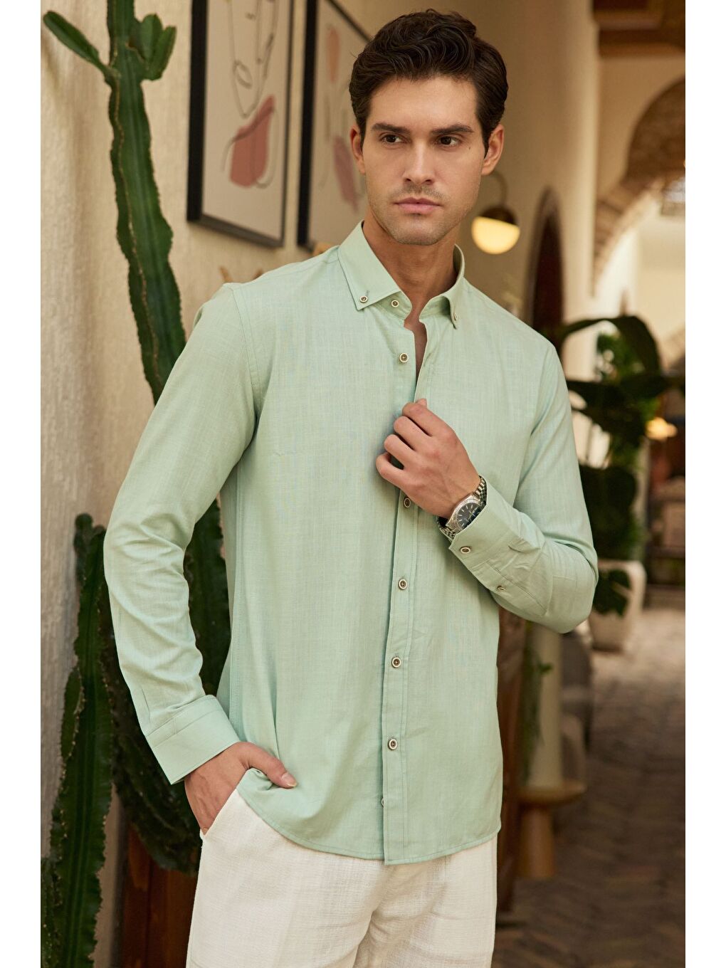 Yeşil Turi Erkek Pamuk Gömlek Modern Slim Fit Keten Görünümlü Uzun Kol-5