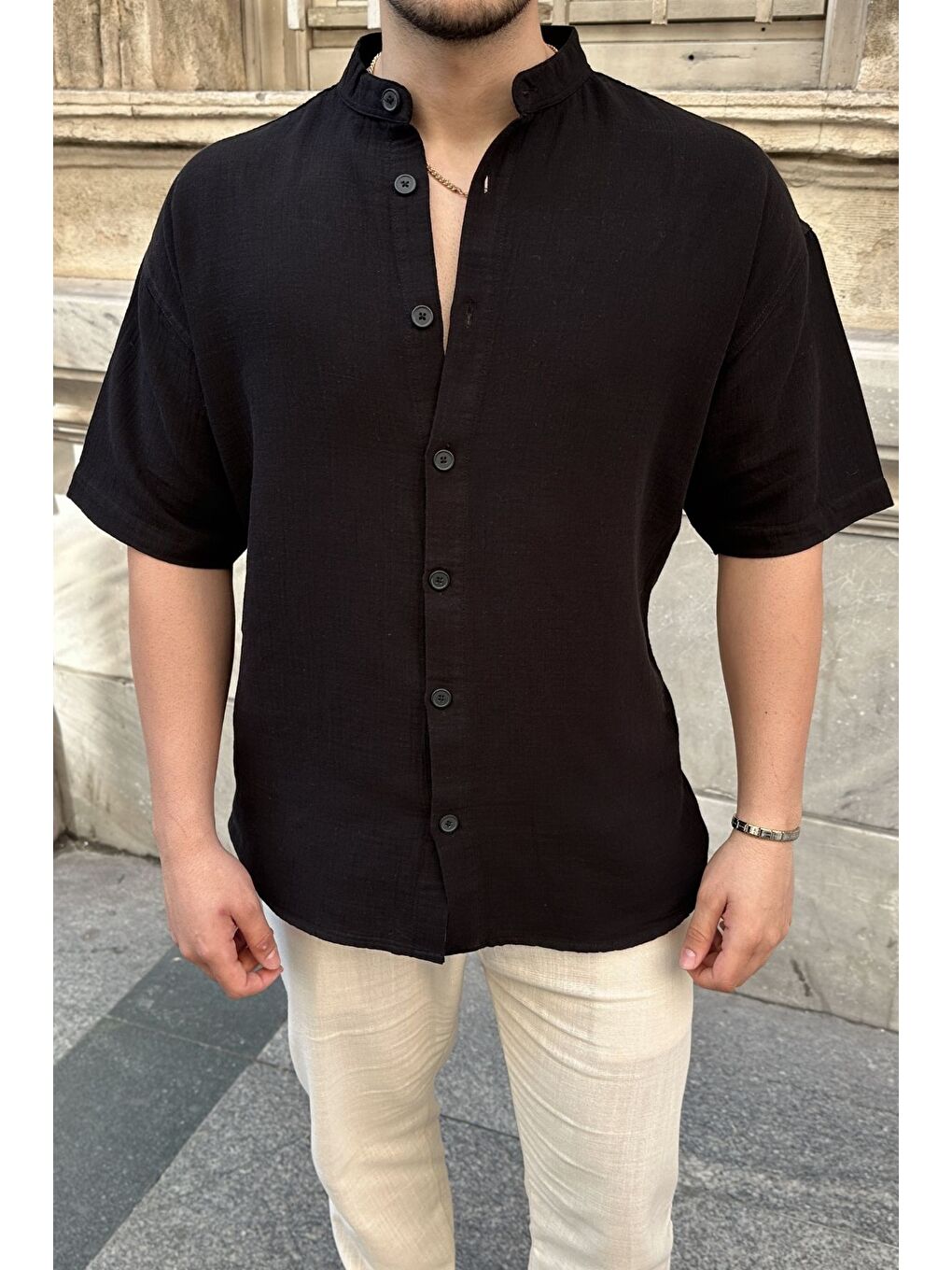 Siyah Mingan Erkek Yazlık Pamuk Gömlek Hakim Yaka kısa kol Düğmeli Rahat Kalıp-7