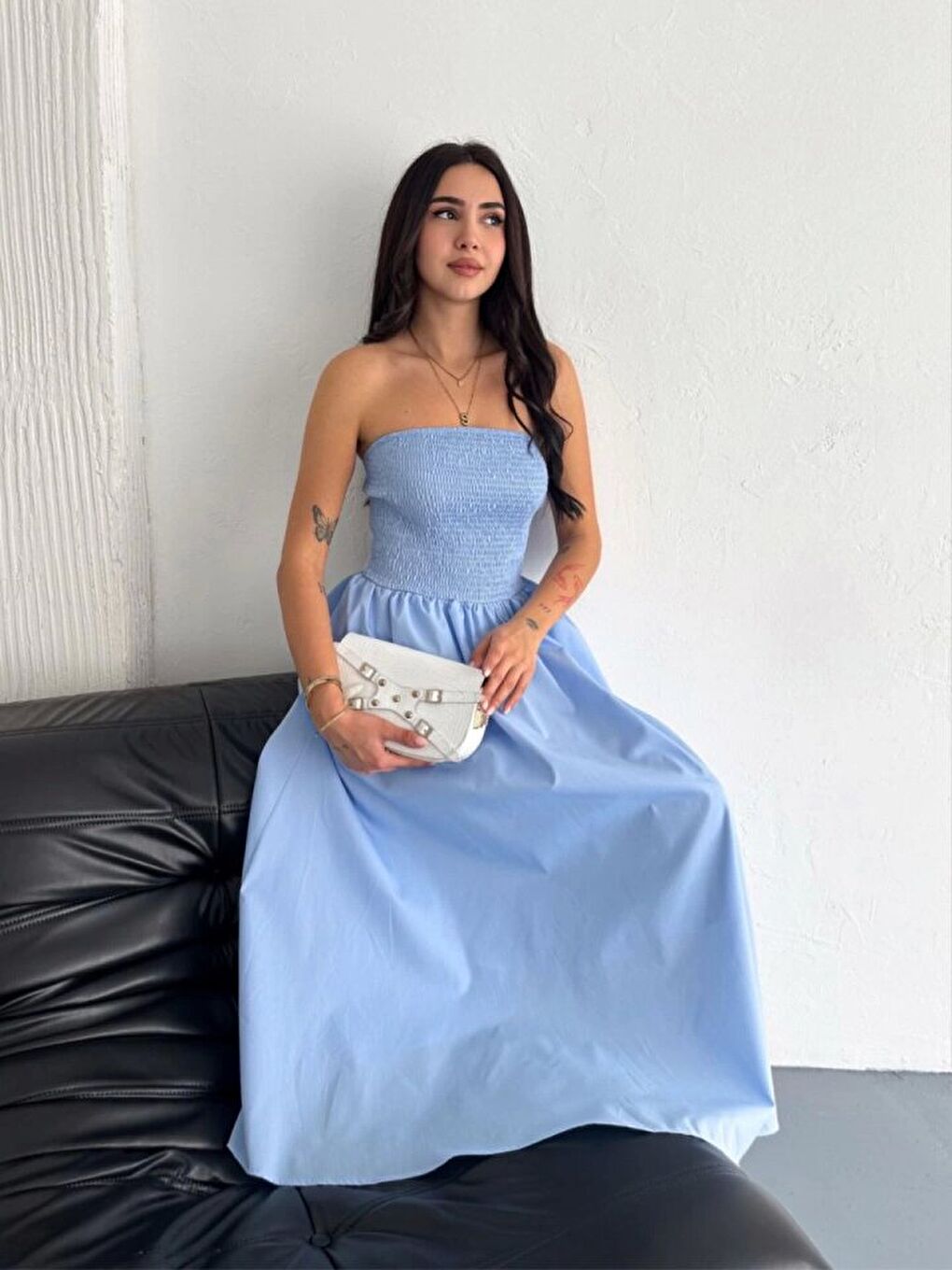 Straplez Pileli Elbise - Açık Mavi-3
