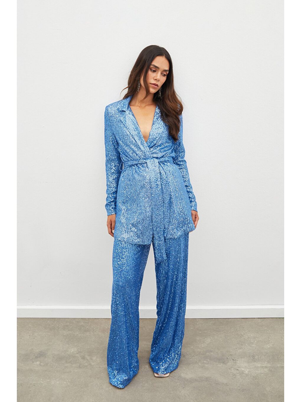 Kuşaklı Payet Ceket - İndigo-1