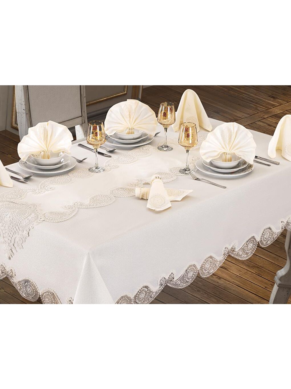 Karışık Verna Masa Örtüsü 160x260 Cm 26 Parça Krem Krem-1