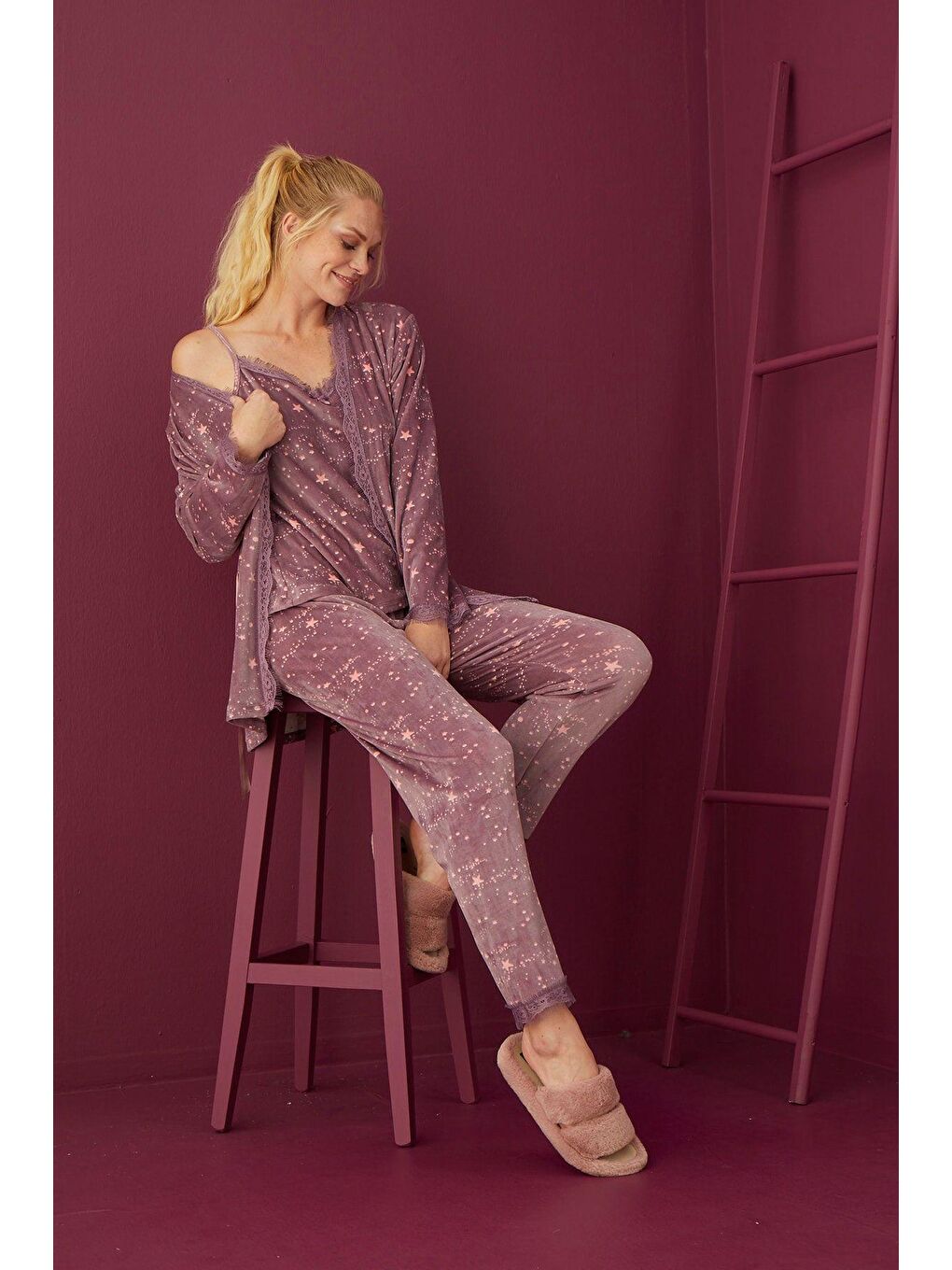 Pembe Kadife 3'Lü Sabahlık Pijama Takım 4006-5-1