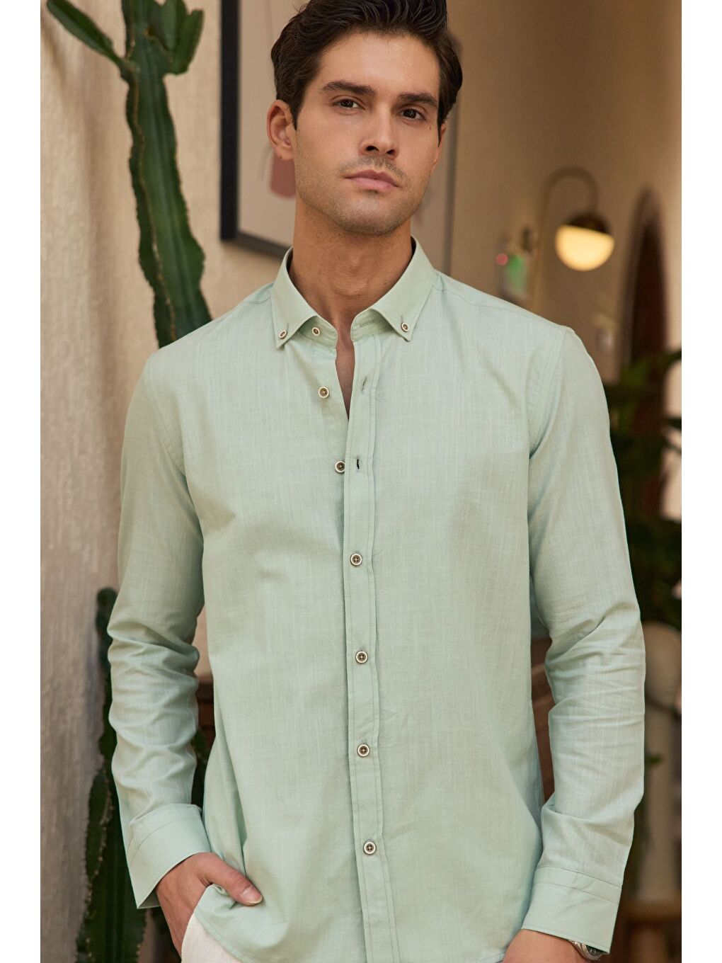 Yeşil Turi Erkek Pamuk Gömlek Modern Slim Fit Keten Görünümlü Uzun Kol-6