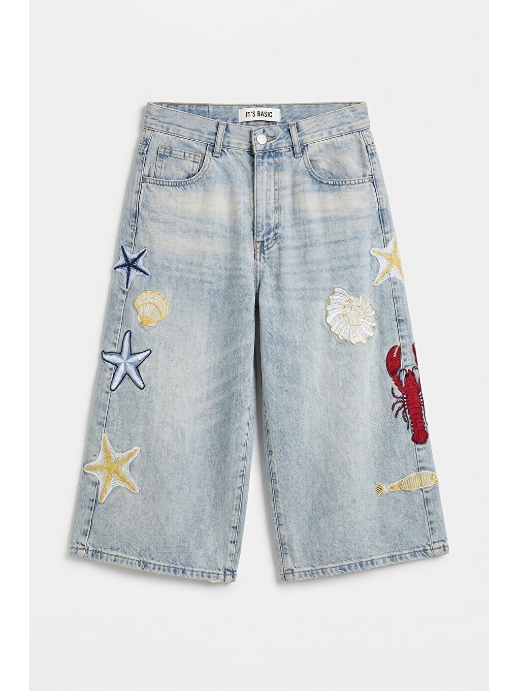 Mavi Kadın Jean Rengi 4s6-32 Palazzo Nakış Tasarım Bermuda Denim Jort