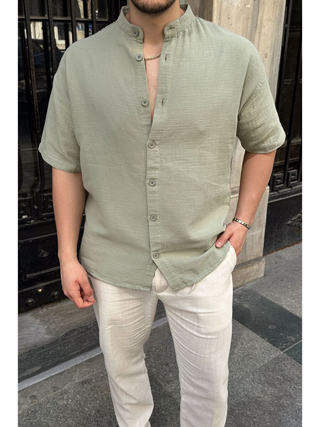 Yeşil Mingan Erkek Yazlık Pamuk Gömlek Hakim Yaka kısa kol Düğmeli Rahat Kalıp