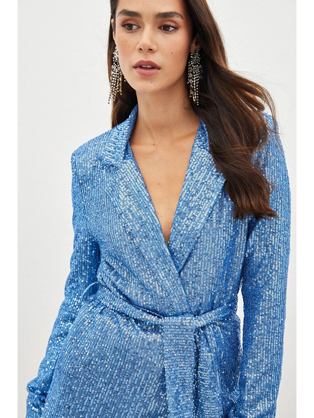 Kuşaklı Payet Ceket - İndigo-2