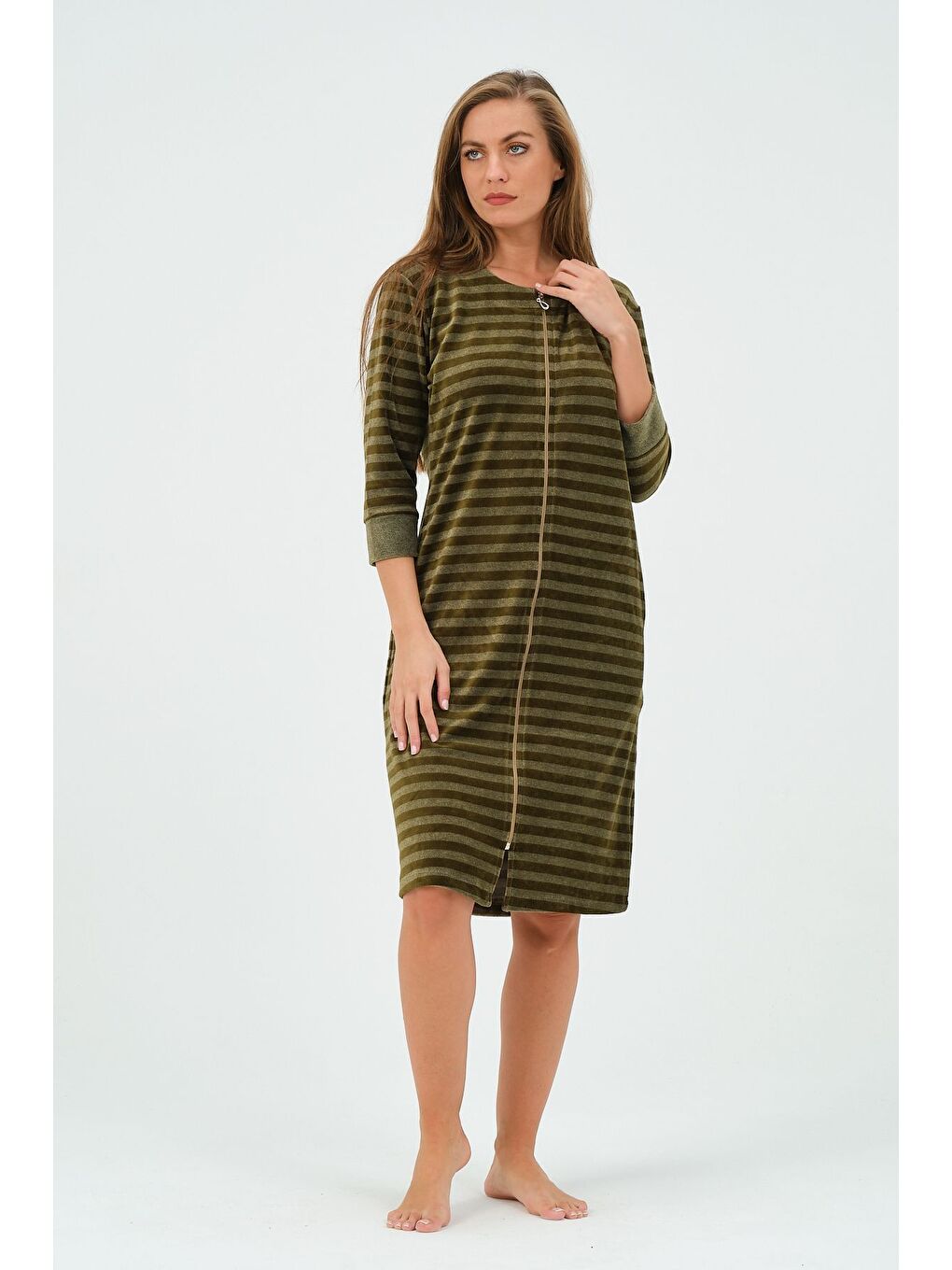 Yeşil Kadın Lacivert Çizgili Fermuarlı Cepli Kadife Elbise-1