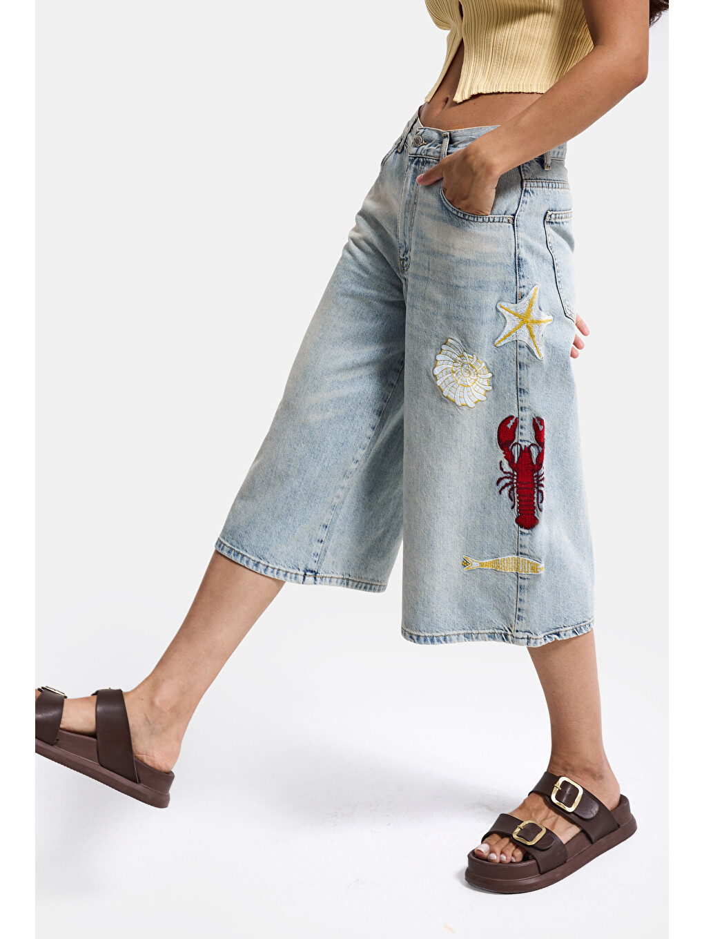 Mavi Kadın Jean Rengi 4s6-32 Palazzo Nakış Tasarım Bermuda Denim Jort-1