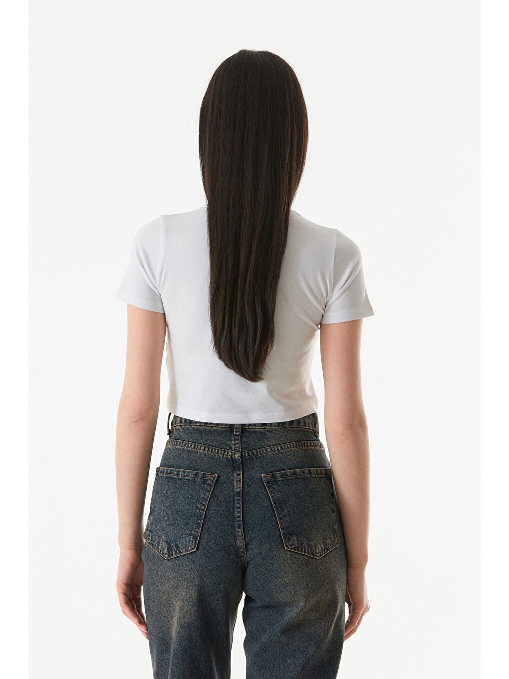 Beyaz Basic Bisiklet Yaka Crop Tişört-4