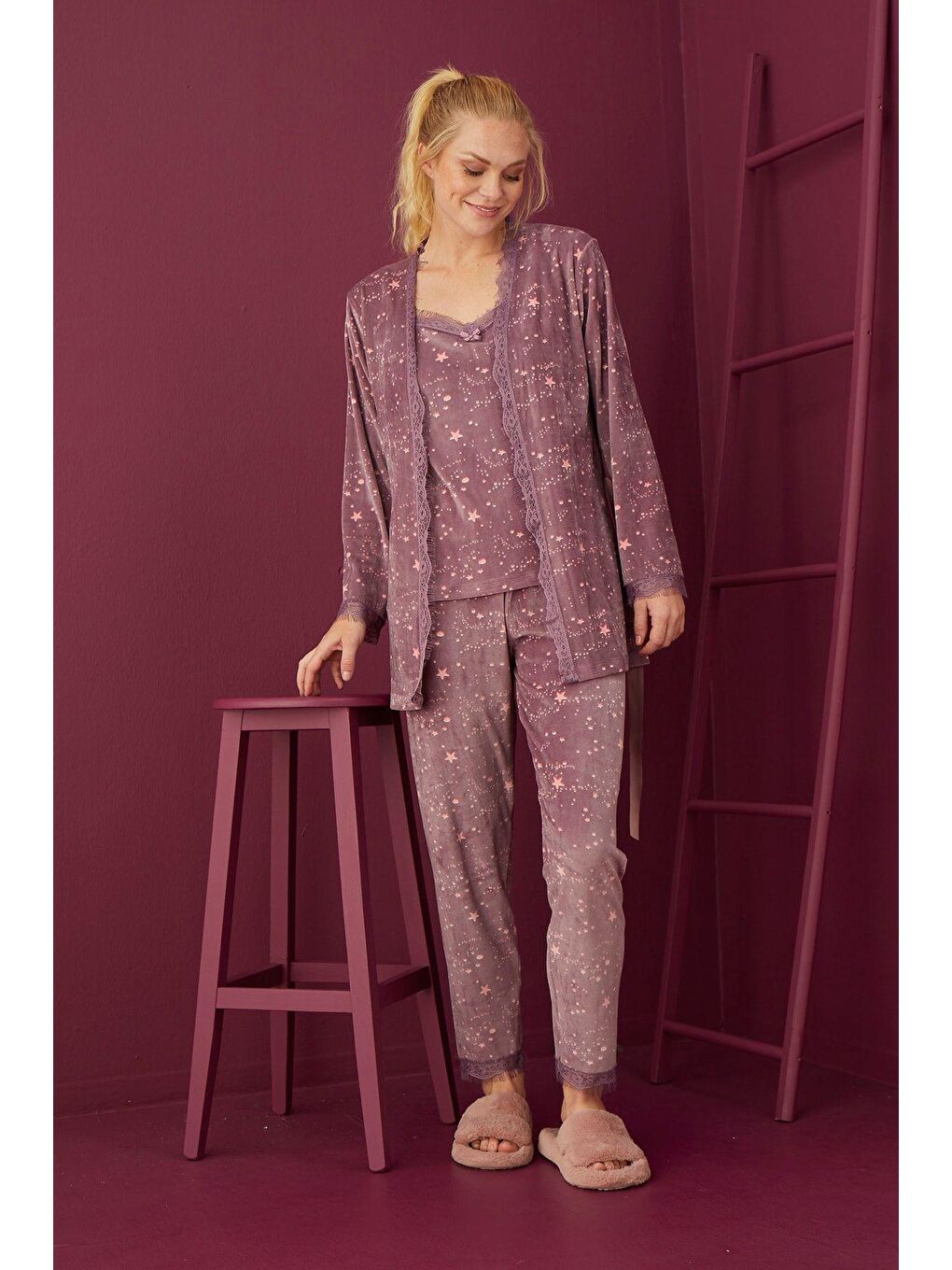 Pembe Kadife 3'Lü Sabahlık Pijama Takım 4006-5-2