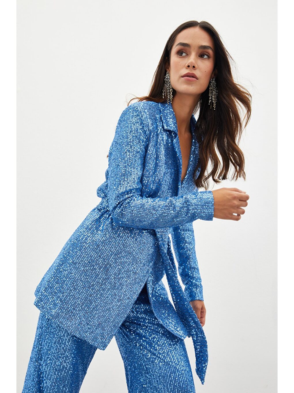 Kuşaklı Payet Ceket - İndigo-4