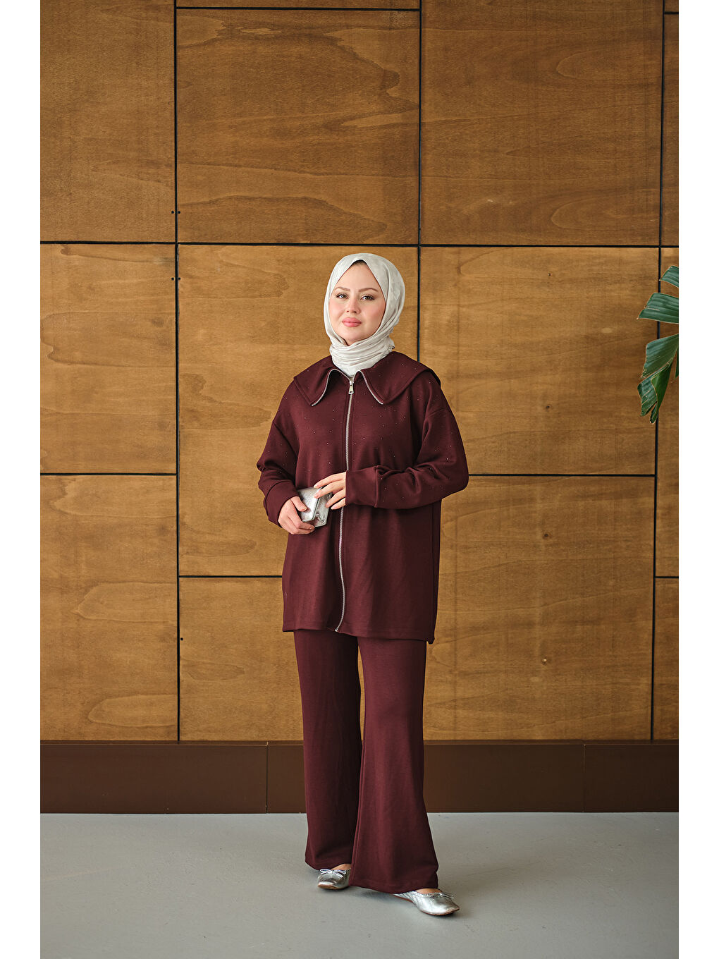 Kadın Gemici Yaka Taşlı Takım Bordo-1