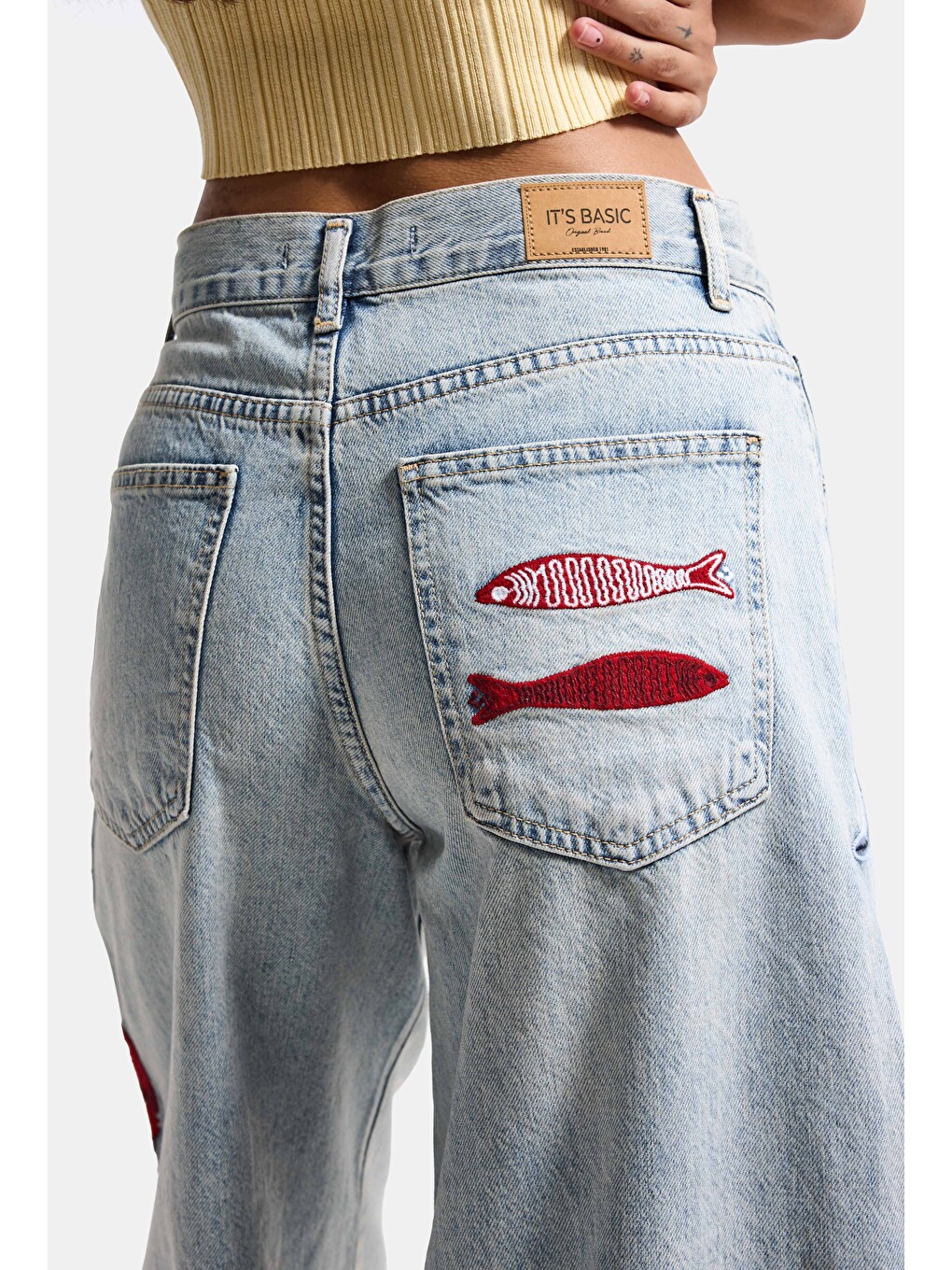 Mavi Kadın Jean Rengi 4s6-32 Palazzo Nakış Tasarım Bermuda Denim Jort-2