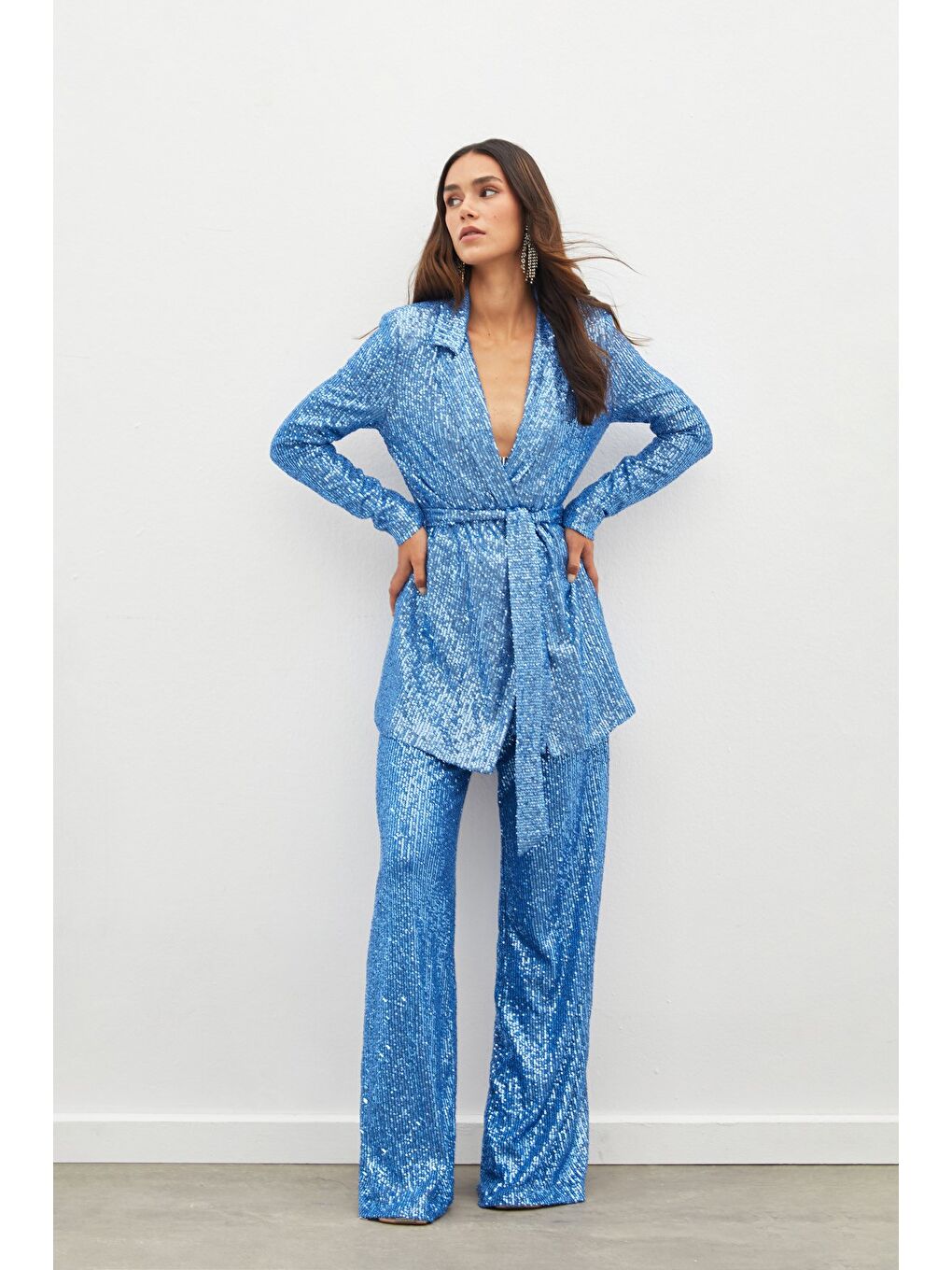 Kuşaklı Payet Ceket - İndigo-5