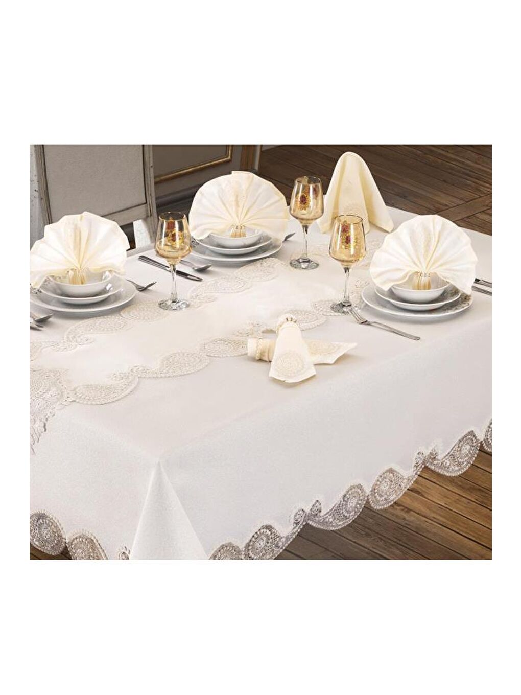 Karışık Verna Masa Örtüsü 160x260 Cm 26 Parça Krem Krem-5
