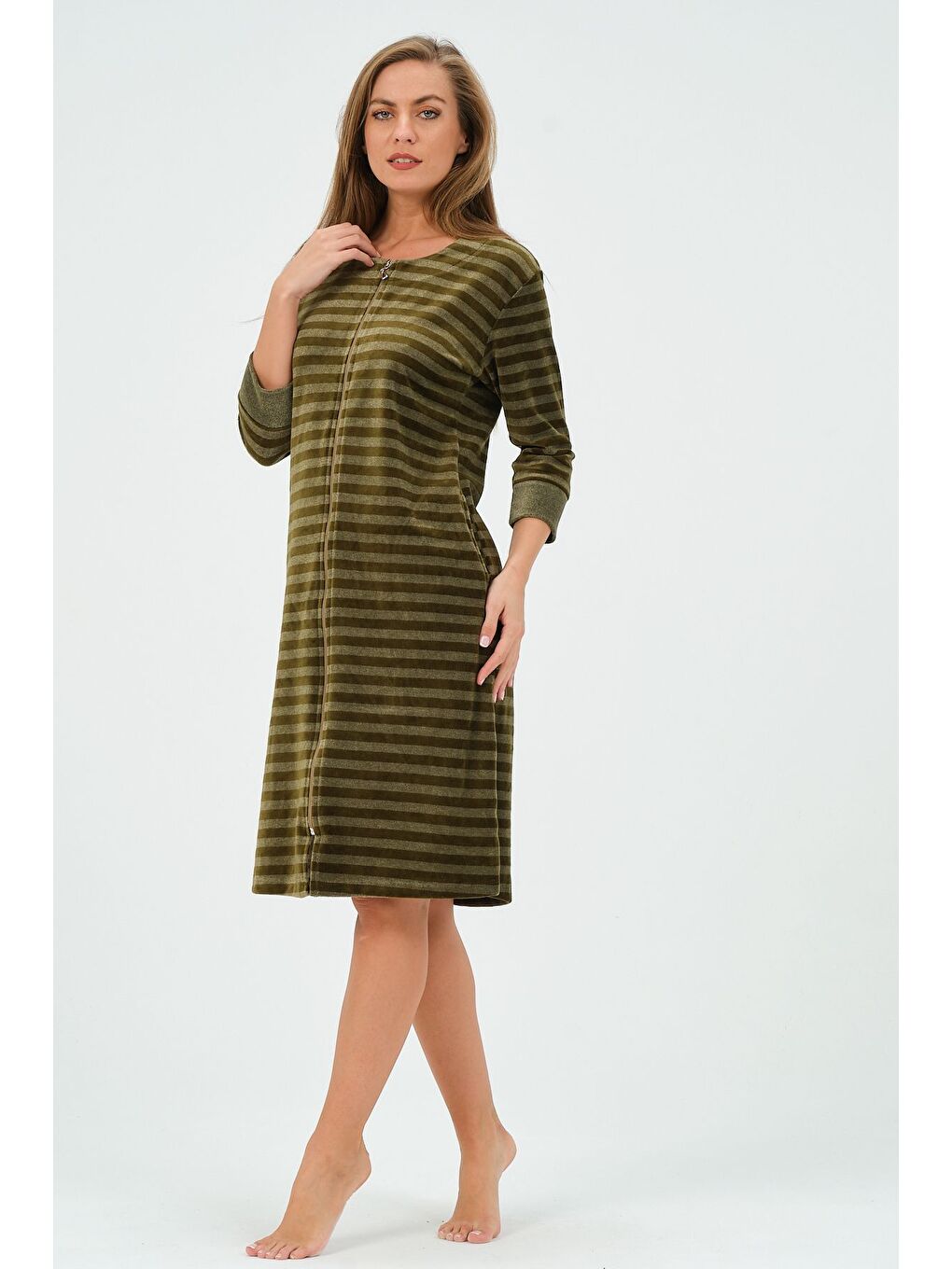 Yeşil Kadın Lacivert Çizgili Fermuarlı Cepli Kadife Elbise-2