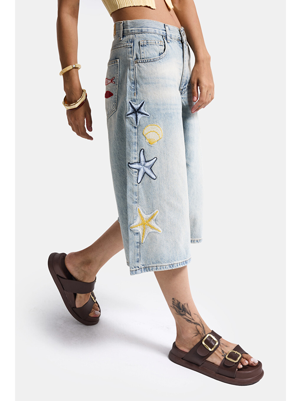 Mavi Kadın Jean Rengi 4s6-32 Palazzo Nakış Tasarım Bermuda Denim Jort-3