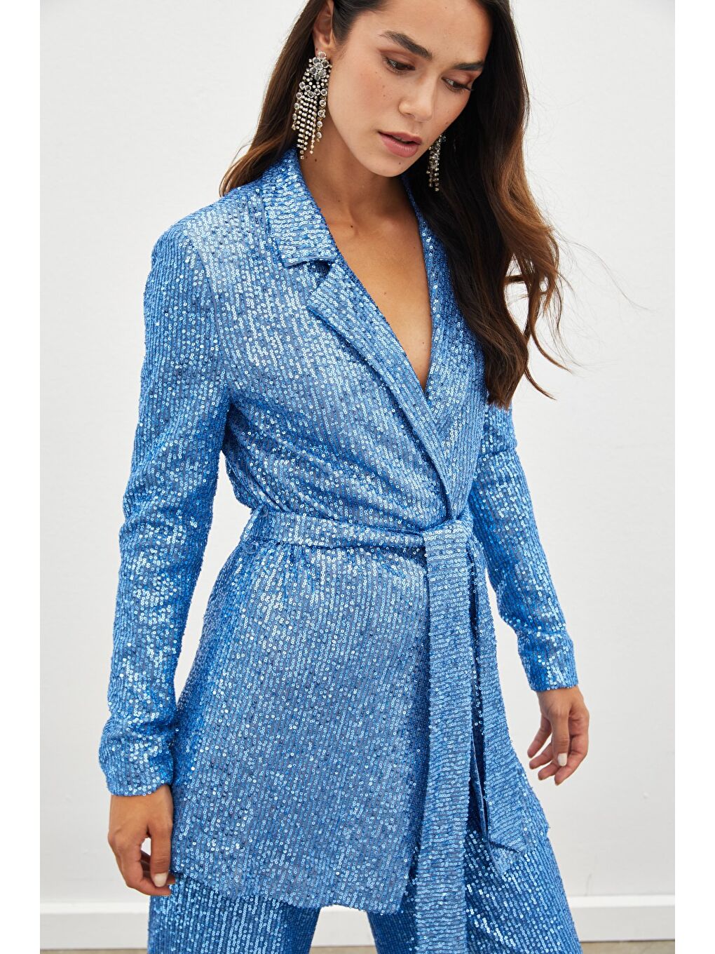 Kuşaklı Payet Ceket - İndigo-6