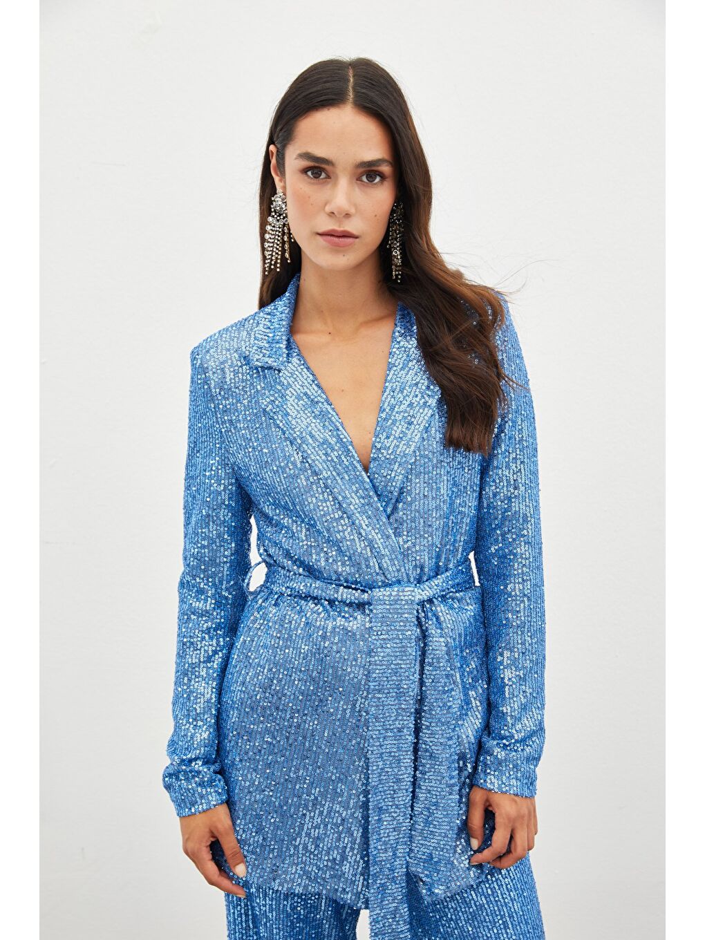 Kuşaklı Payet Ceket - İndigo-7