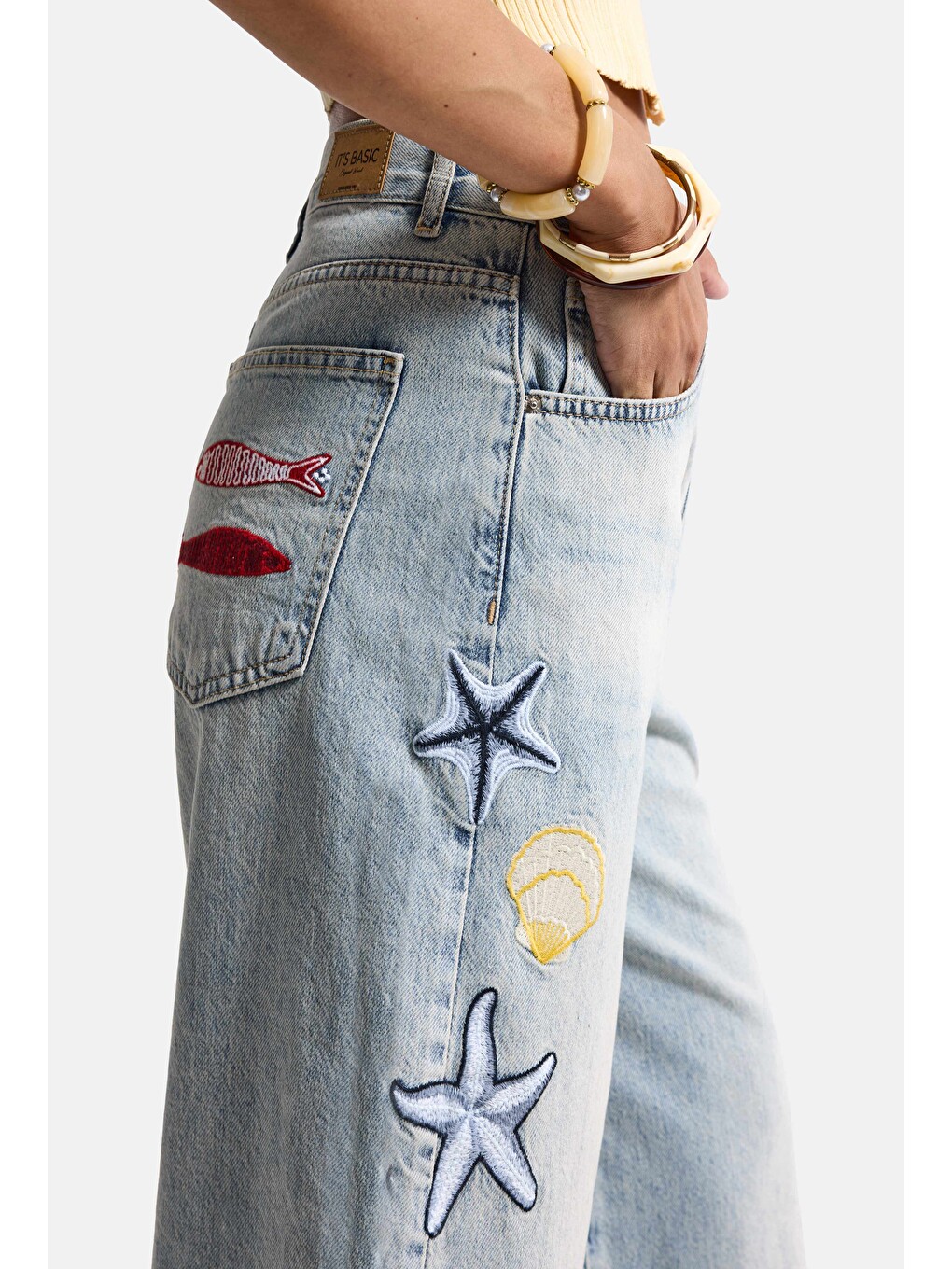 Mavi Kadın Jean Rengi 4s6-32 Palazzo Nakış Tasarım Bermuda Denim Jort-4