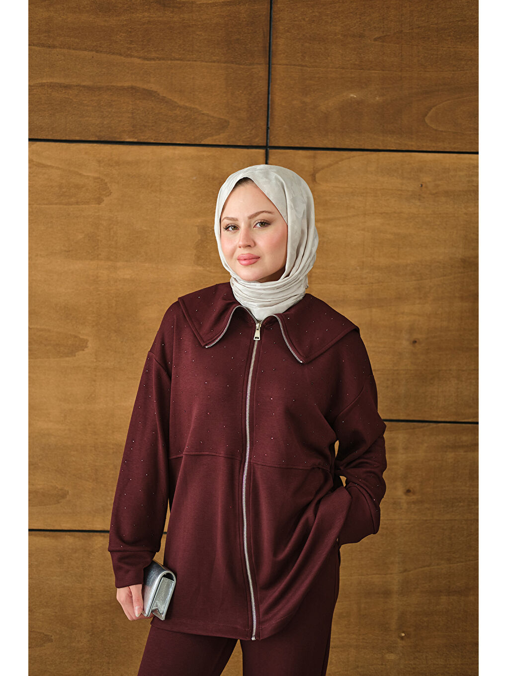 Kadın Gemici Yaka Taşlı Takım Bordo-2