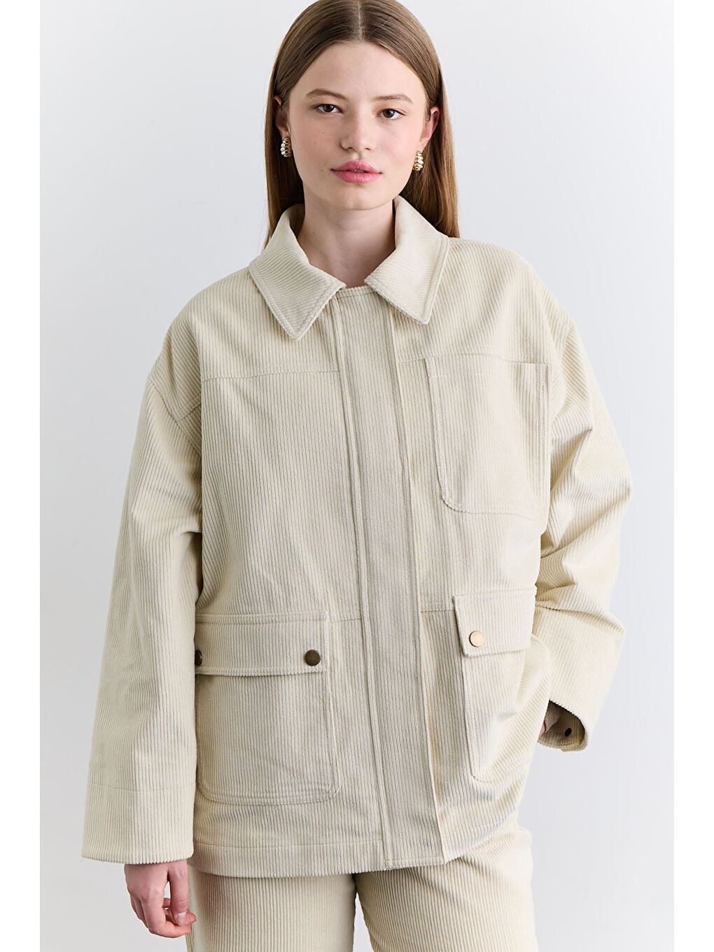 Bej Kadife Worker Ceket Vanilya-1
