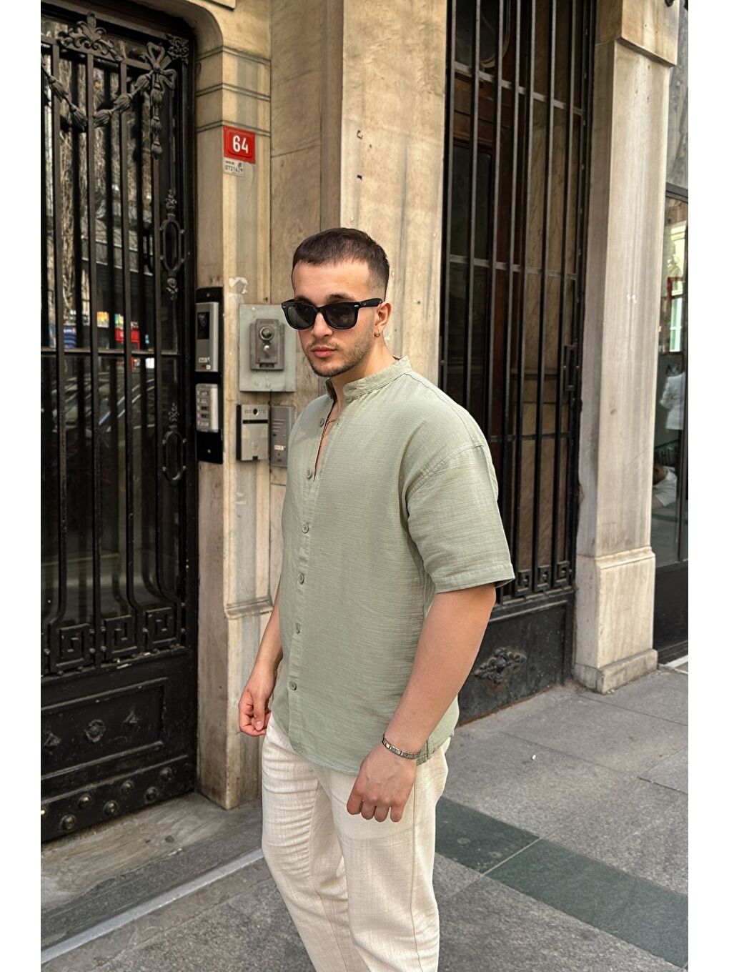 Yeşil Mingan Erkek Yazlık Pamuk Gömlek Hakim Yaka kısa kol Düğmeli Rahat Kalıp-1