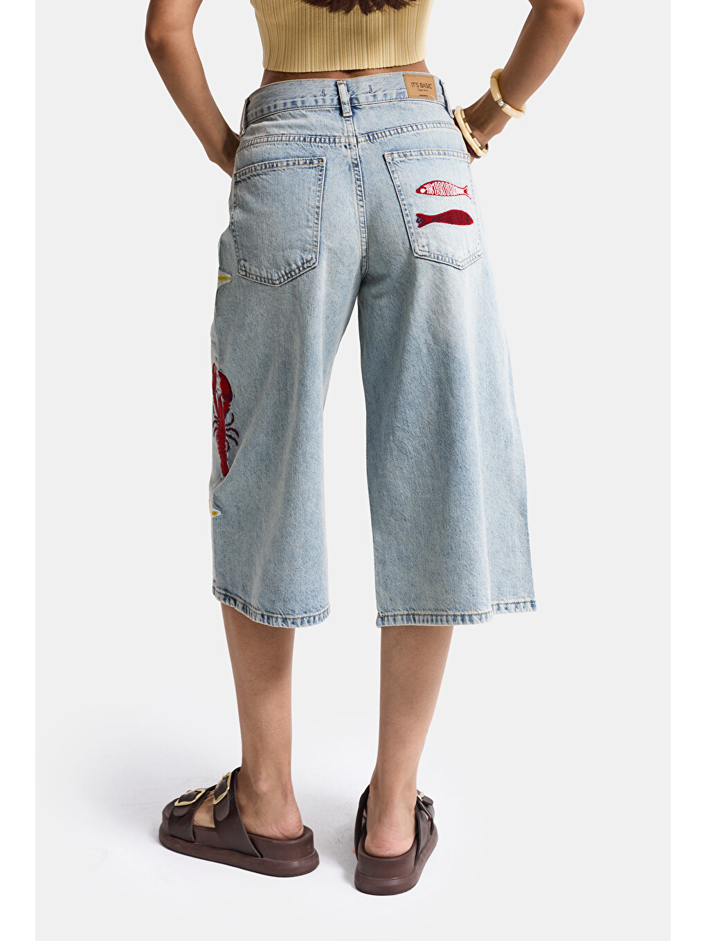 Mavi Kadın Jean Rengi 4s6-32 Palazzo Nakış Tasarım Bermuda Denim Jort-6