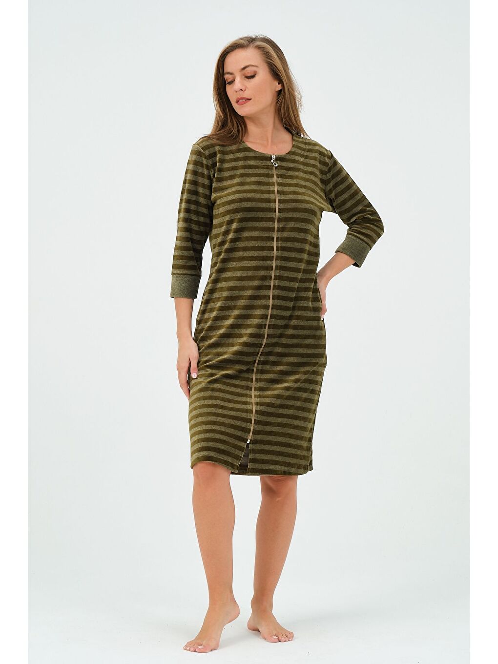 Yeşil Kadın Lacivert Çizgili Fermuarlı Cepli Kadife Elbise-3