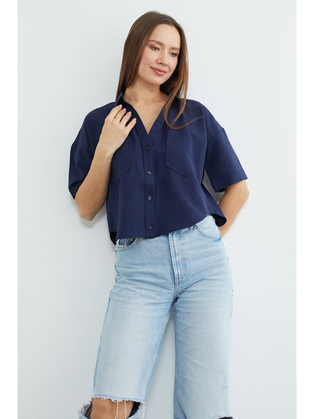 Lacivert Çift Cepli Oversize Crop Gömlek